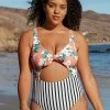Buy 🎉 Cupshe Floral and Striped Cutout Knotted Plus Size One Piece 🩱 Swimsuit 👍