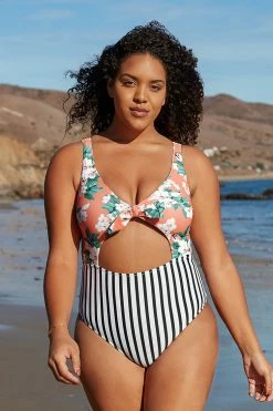 Buy 🎉 Cupshe Floral and Striped Cutout Knotted Plus Size One Piece 🩱 Swimsuit 👍