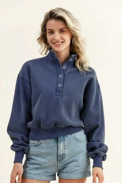 Cheap 🔔 Cupshe Martina Button-Collar Cropped Navy Sweatshirt 🎁