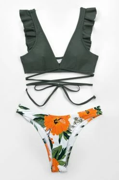 Coupon π Cupshe Olive and Floral Ruffle Lace Up π Bikini π
