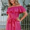 Best Sale ⌛ Cupshe Marlene Pink Ruffle Off Shoulder Tie Waist 👗 Dress ⭐