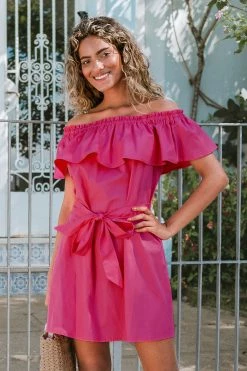 Best Sale ⌛ Cupshe Marlene Pink Ruffle Off Shoulder Tie Waist 👗 Dress ⭐