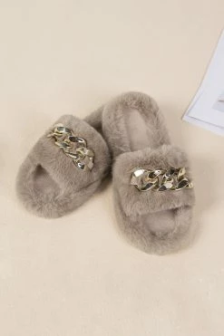 Best Pirce 🛒 Cupshe Brownstone Khaki Fluffy Chain Decor Slippers ✔️