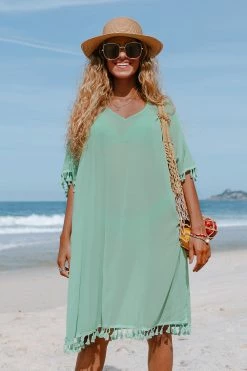 Promo ⌛ Cupshe Tinsley Light Green V-neck Tassel Split Cover Up ✔️