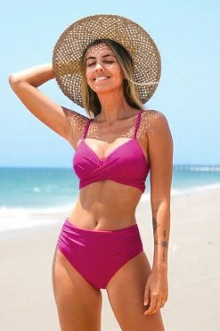 Best Sale 𧨠Cupshe Annie Fuchsia Wrap Ruched Back Hook π Bikini π―