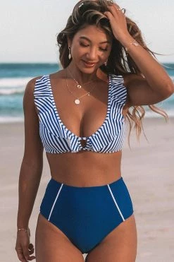 Promo 👍 Cupshe Blue Striped And High Waisted 👙 Bikini 😀