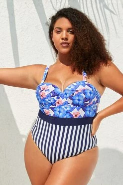 Deals 👏 Cupshe Blue Floral and Striped Plus Size One Piece 🩱 Swimsuit 💯