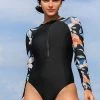 Budget ⌛ Cupshe Midnight Flowers Zip Front Color Block Long Sleeve One Piece 🩱 Swimsuit 😍