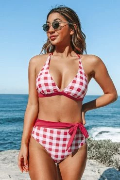 Best Sale 🎁 Cupshe Averie Red Gingham Triangle Belted 👙 Bikini 💯