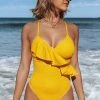 Promo ❤️ Cupshe Yellow Ruffle Lace Up Back One-Piece 🩱 Swimsuit 👏