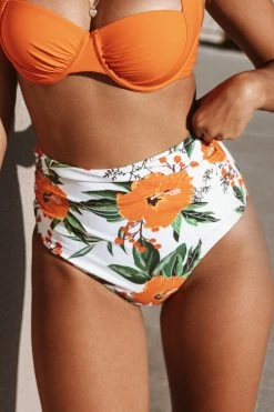 Best Sale π€© Cupshe Orange Floral Shirring High Waisted π Bikini Bottom β
