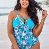 Outlet 😍 Cupshe Blue Floral Plus Size One Piece 🩱 Swimsuit ✔️