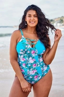 Outlet 😍 Cupshe Blue Floral Plus Size One Piece 🩱 Swimsuit ✔️