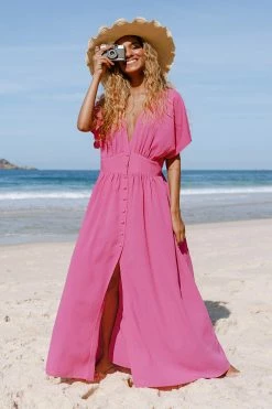 Outlet 😀 Cupshe Aubriella Front Button V-neck Ruching Maxi 👗 Dress 🧨