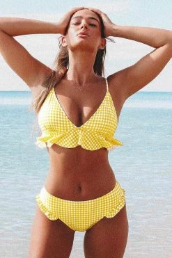 Deals ⌛ Cupshe Yellow Gingham Ruffle 👙 Bikini ❤️