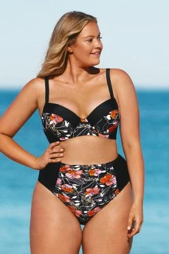 Buy 🔥 Cupshe Black Floral High Waisted Plus Size 👙 Bikini Bottom ✔️