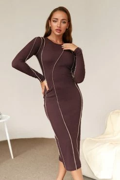 Cheapest 🌟 Cupshe Aimee Brown Long Sleeve Tea Length 👗 Dress 😀