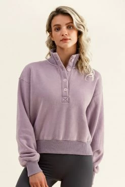 Budget 🔥 Cupshe Martina Purple Button-Collar Cropped Purple Sweatshirt ❤️