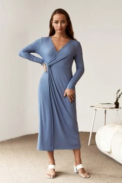 Hot Sale 💯 Cupshe Ebony Blue Twist Ruched Long Sleeve 👗 Dress ⭐