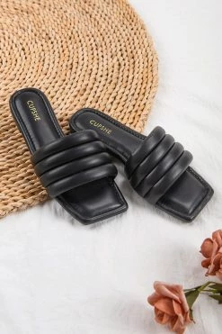 Hot Sale 😀 Cupshe Onyx Black Wide Band Square Toe Slide Sandals 🔔