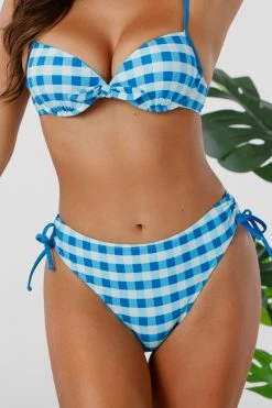 Cheap 🤩 Cupshe Blue And White Plaid Side Drawstring 👙 Bikini Bottom 👍
