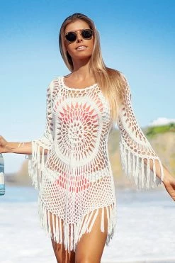 New 🧨 Cupshe White Crochet Cover Up with Fringe Trim ✔️