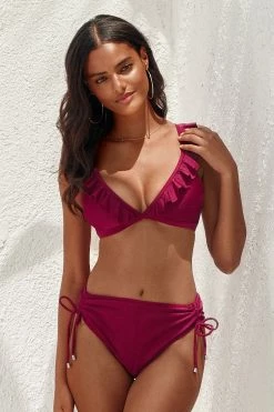 Best Sale π Cupshe Savannah Burgundy Ruffle Crisscross Drawstring π Bikini β