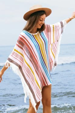 Wholesale 😍 Cupshe Colorful Vertical Stripes Square Cover Up with Tassels 👏