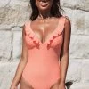 Outlet ❤️ Cupshe Bermuda Bliss Ruffle Plunge Neck One Piece 🩱 Swimsuit 🧨