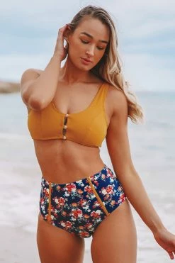 Best Sale 🌟 Cupshe Caramel Buttons High Waisted Floral 👙 Bikini 👏