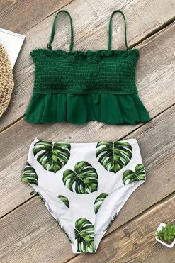 Best Pirce ❤️ CUPSHE Smocked Green and Monstera High Waisted 👙 Bikini 🧨 -Cupshe Online Shop 4 9e555e7a b795 4dc1 9631 ca56ffc02745
