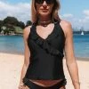 New 😀 CUPSHE Angelique Black Ruffle Halter Tankini ❤️