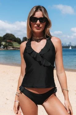 New 😀 CUPSHE Angelique Black Ruffle Halter Tankini ❤️