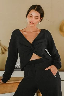 Wholesale 👍 Cupshe Private Island Black V-neck Twist Long Sleeve Sweatshirt ✔️